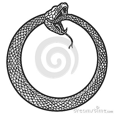 Uroboros, snake coiled in a ring, biting its tail. Scratch board imitation. Black and white hand drawn image. Vector Illustration