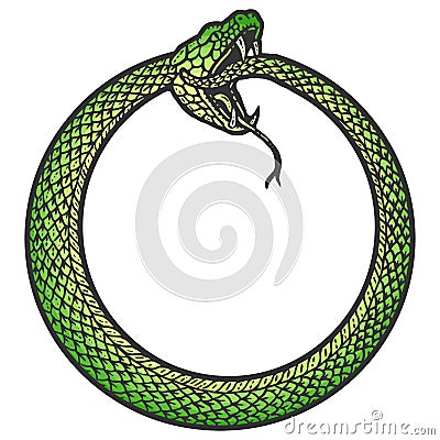 Uroboros, snake coiled in a ring, biting its tail. Scratch board imitation. Black and white hand drawn image. Vector Illustration