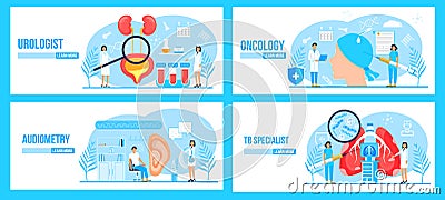 Urologist,oncologist, tb specialist, audiometer concept set vector for medical website. Pulmonary fibrosis, tuberculosis, Cartoon Illustration