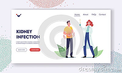 Urology System Sickness, Inflammation Landing Page Template. Diseased Male Patient Character Visiting Urologist Doctor Vector Illustration