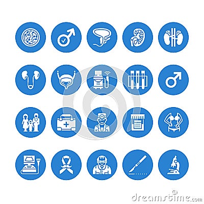 Urology vector flat glyph icons. Urologist, bladder, kidneys, adrenal glands, prostate. Medical pictograms for clinic Vector Illustration