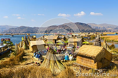 Uros Floating islands in Titikaka lake in the Border bttween Peru and Bolivia, Peru Editorial Stock Photo