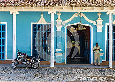 Urquoise blue and white facade of old colonial building in Trinidad, Cuba Editorial Stock Photo