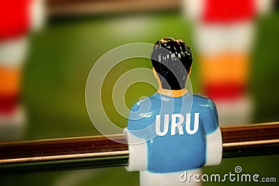 Uruguay National Jersey on Vintage Foosball, Table Soccer Game Stock Photo