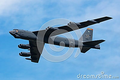 US Air Force Boeing B-52 Stratofortress strategic bomber plane at air base. Military aircraft. Aviation industry. Fly and flying Editorial Stock Photo