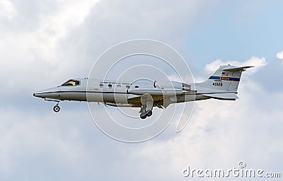 US Air Force Learjet C-21A jet from 76th Airlift Squadron arriving at Ramstein Air Base. Ramstein, Germany - June 23, 2023 Editorial Stock Photo