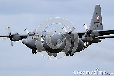 US Air Force Lockheed C-130H Hercules transport plane from 934th Airlift Wing from Minnesota landing on Eindhoven airbase. The Editorial Stock Photo