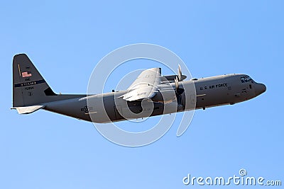 US Air Force Lockheed Martin C-130J-30 Hercules from the Texas Air National Guard 181st Airlift Squadron in flight. The Editorial Stock Photo