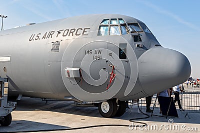 US Air Force Lockheed Martin C-130J Hercules transport plane at the Paris Air Show, France - June 22, 2017 Editorial Stock Photo