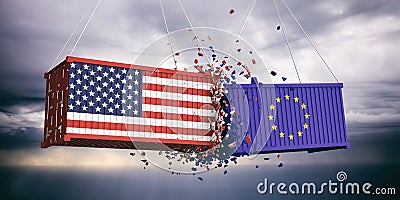 US of America and European Union flags crashed containers on blue cloudy sky background. 3d illustration Cartoon Illustration