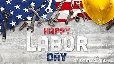 US American flag with work tools on white wooden background. For USA Labor day celebration. With Happy Labor Day text Stock Photo