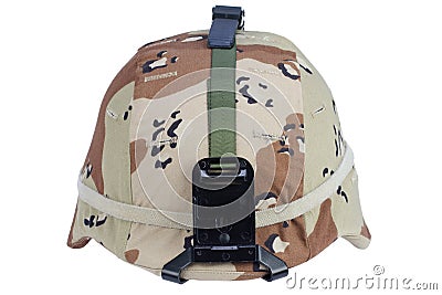 us army kevlar helmet with a desert camouflage cover and night vision mount Stock Photo