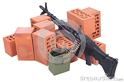 US Army M60 machine gun with amminition tape on position Stock Photo