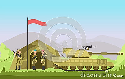 Us army soldier with gun in uniform. Cartoon combat. Military vector background Vector Illustration