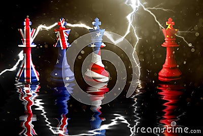 Us Australia and Great Britain flags paint over on chess king.aukus defense pact. 3D illustration aukus vs china Cartoon Illustration