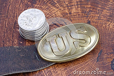 US Belt Buckle Civil War period with silver dollar Stock Photo