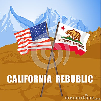 US and California state flags fluttering on death valley Vector Illustration