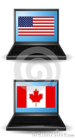 Us Canadian Flags on Laptops Cartoon Illustration