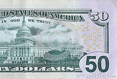 US Capitol on 50 dollars banknote back side closeup macro fragment. United states fifty dollars money bill Stock Photo