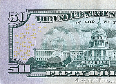 US Capitol on 50 dollars banknote back side closeup macro fragment. United states fifty dollars money bill Stock Photo