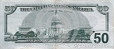 US Capitol on 50 dollars banknote back side closeup macro fragment. United states fifty dollars money bill Stock Photo