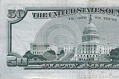 US Capitol on 50 dollars banknote back side closeup macro fragment. United states fifty dollars money bill Stock Photo