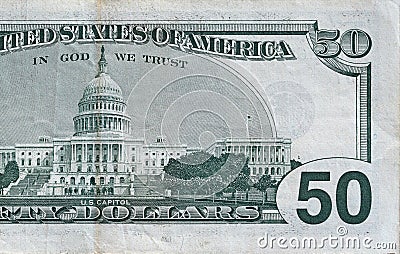 US Capitol on 50 dollars banknote back side closeup macro fragment. United states fifty dollars money bill Stock Photo