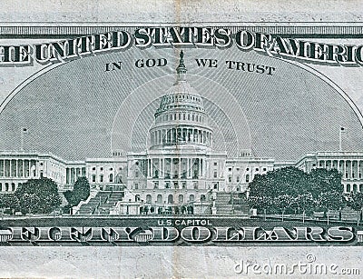 US Capitol on 50 dollars banknote back side closeup macro fragment. United states fifty dollars money bill Stock Photo