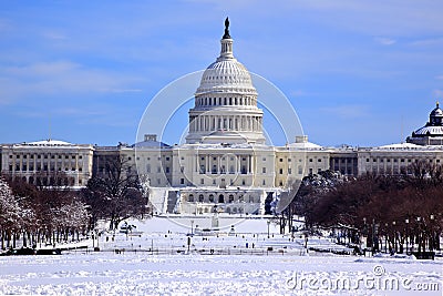 US Capitol Dome Houses Congress Snow Washington DC Stock Photo