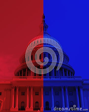 The US Capitol dome in Washington DC with half Republican red and half Democrat blue Stock Photo