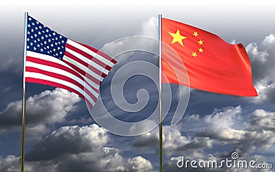 US-China trade war, China flag and US flag Stock Photo