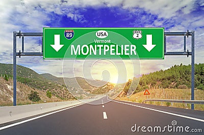 US city Montpelier road sign on highway Stock Photo