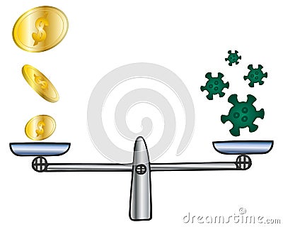 US dollar coin and coronavirus. Color vector illustration. Balance balance for weighing economic decisions. Isolated. Vector Illustration