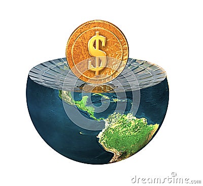 Us dollar coin on earth hemisphere Stock Photo