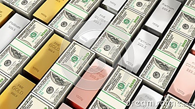 The US Dollar and Commodity Commodities Gold, Silver, Copper and Platinum,Comparison of Commodity and Cash Stock Photo