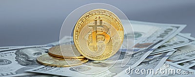 US Dollar and Digital money Bitcoin coin Put together. Editorial Stock Photo