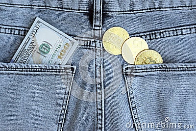 US Dollar and Digital money Bitcoin coin Put together. Editorial Stock Photo