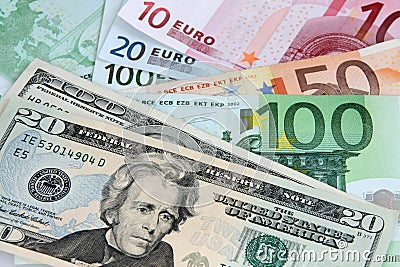 US Dollar and Euro Notes Stock Photo