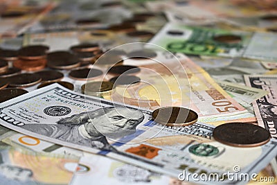 Us dollars euros and coins Stock Photo