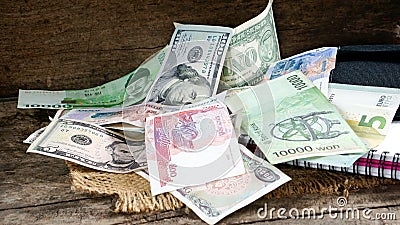 US dollars, Korean Won, Euro bills and some money bills and banknotes. Stock Photo