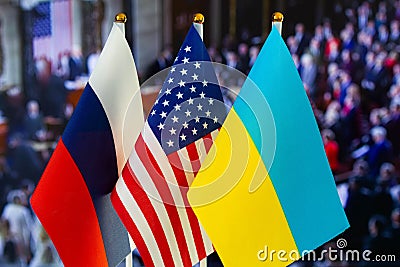 The US flag, Russian flag, Ukraine flag. Flag of USA, flag of Russia, flag of Ukraine. The United States of America and the Russia Stock Photo