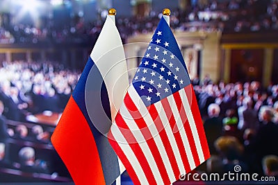 The US flag, Russian flag. Flag of USA, flag of Russia. The United States of America and the Russian Federation confrontation Stock Photo