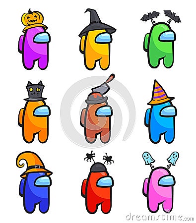 Among us halloweens characters. Game set astronauts by role in festive halloween hats, Amongus character cartoon graphic Vector Illustration