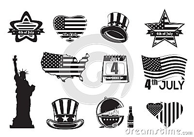 US Independence Day monochrome icon set Vector Illustration