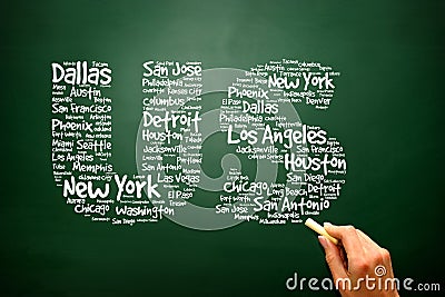 US letters with cities names words cloud, presentation background.. Stock Photo