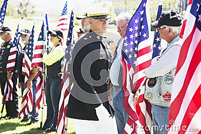 US Marine officer honors fallen soldier, PFC Zach Suarez, Honor Mission on Highway 23, drive to Memorial Service, Westlake Village Editorial Stock Photo