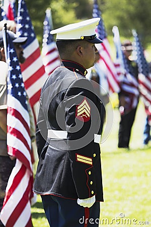 US Marines stand at attention at Memorial Service for fallen US Soldier, PFC Zach Suarez, Honor Mission on Highway 23, drive to Me Editorial Stock Photo