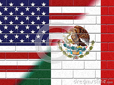 Us Mexico Border Wall To Stop Illegal Immigration - 2d Illustration Stock Photo