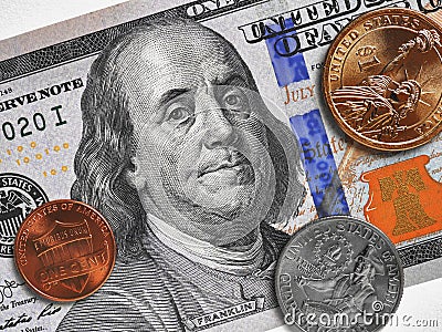 US money: 100 dollar bill, coin of 1 dollar, quarter 25 cents and penny 1 cent lie on a light surface. American currency and Cartoon Illustration