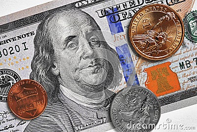 US money: 100 dollar bill, coin of 1 dollar, quarter 25 cents and penny 1 cent lie on a light surface. American currency and Cartoon Illustration